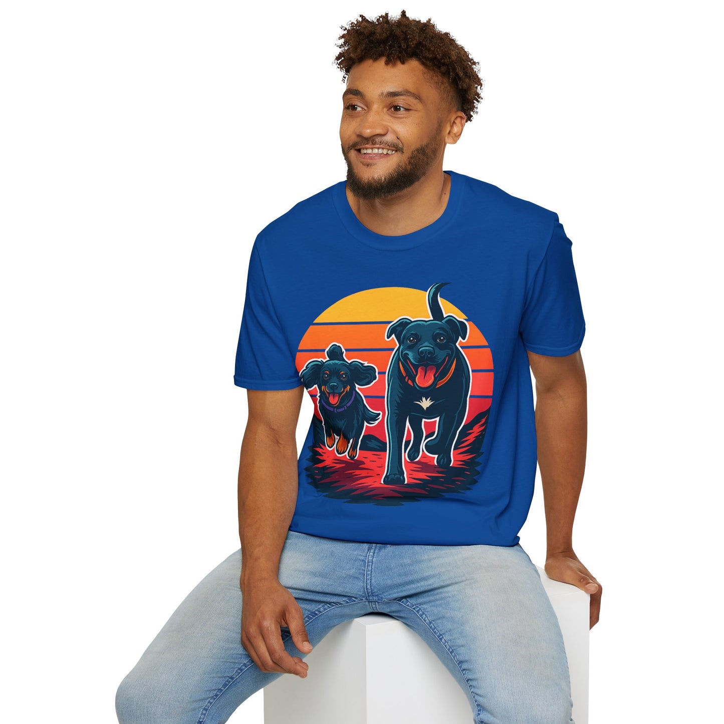 Retro Sunset Dog Shirt | Running Rescue Dog Graphic Tee for Animal Lovers, Teens & Friends | Vibrant Pet Memorial Gift, Adult Unisex T-Shirt