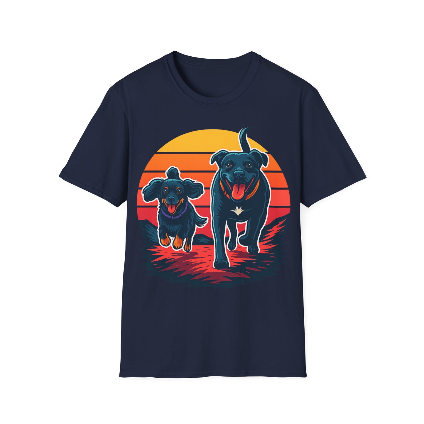 Retro Sunset Dog Shirt | Running Rescue Dog Graphic Tee for Animal Lovers, Teens & Friends | Vibrant Pet Memorial Gift, Adult Unisex T-Shirt