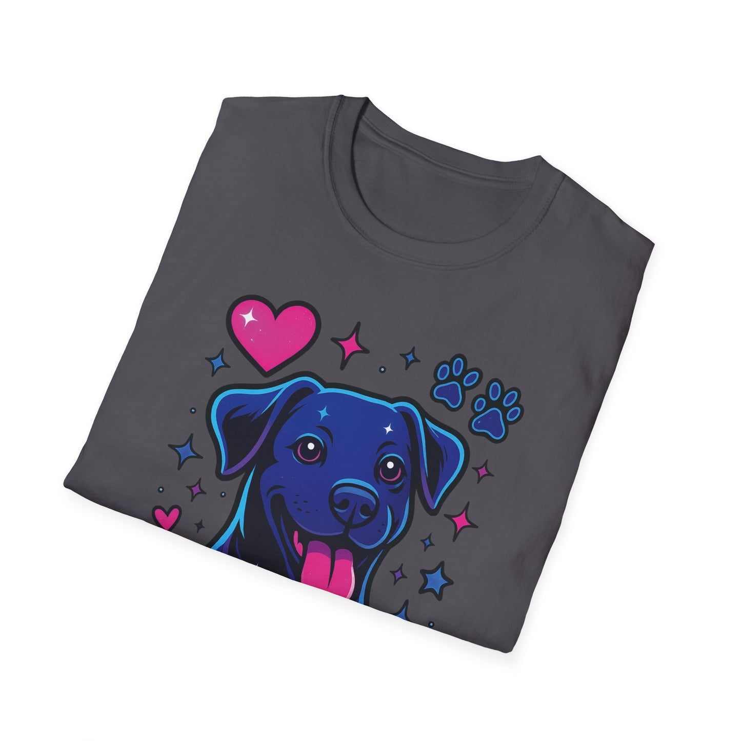 Neon Dog Graphic T-Shirt | Y2K Two-Sided Rescue Shirt with Front Dog Art + Back Logo | Adopted and Adored Apparel | Animal Adoption Awareness, Adult Unisex T-Shirt