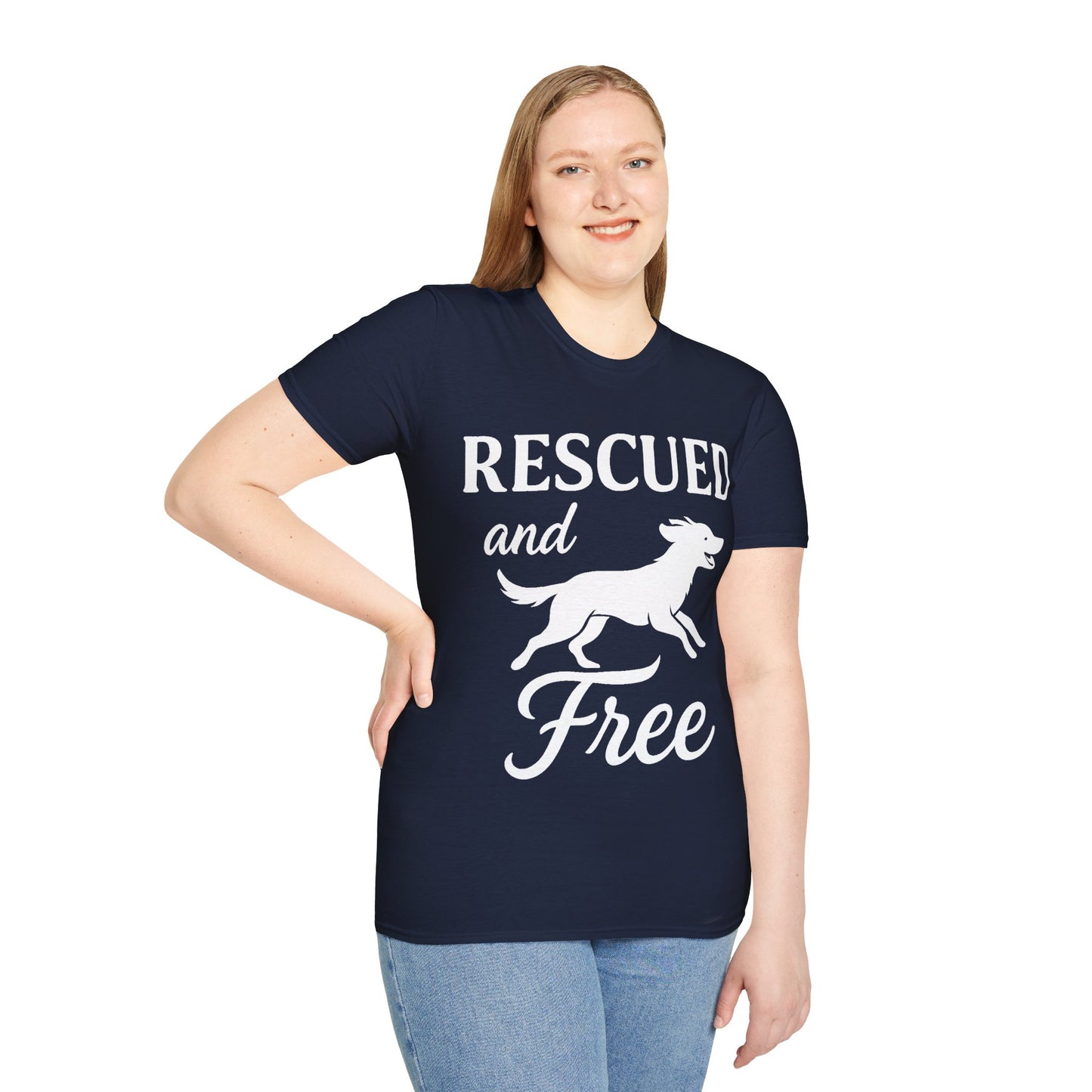 Rescued and Free Shirt – Dog Rescue Tee with Running Silhouette – Adopt Don’t Shop T-Shirt – Multiple Color Options – Adopted and Adored Apparel, Adult Unisex T-Shirt