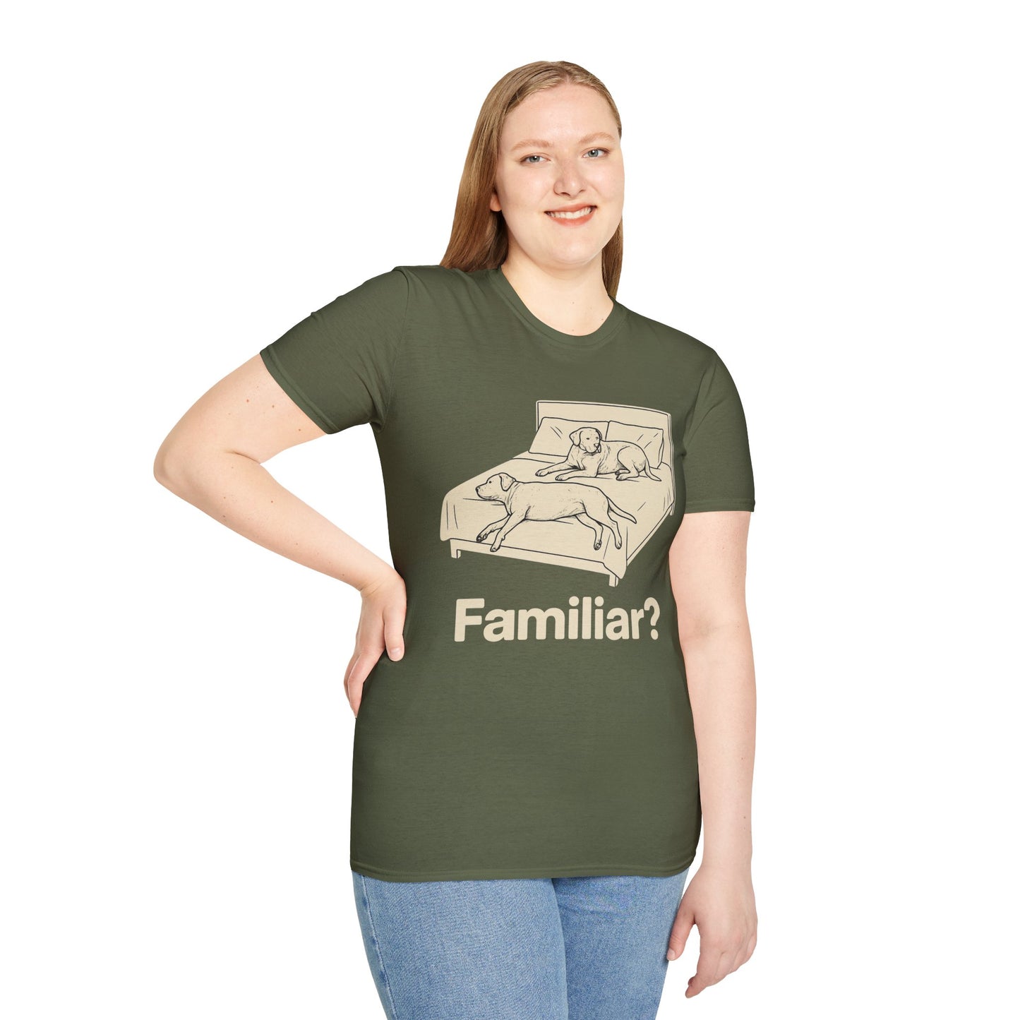 Familiar? T-Shirt – Funny Dog Bed Takeover Tee for Dog Lovers, Couples, Rescue Dog Owners, Adult Unisex T-Shirt