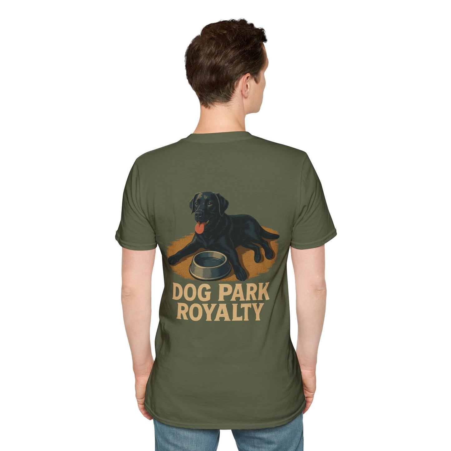 Man wearing an olive green unisex t-shirt with a bold back graphic of a black Labrador lying next to a silver water bowl, above the words "Dog Park Royalty"