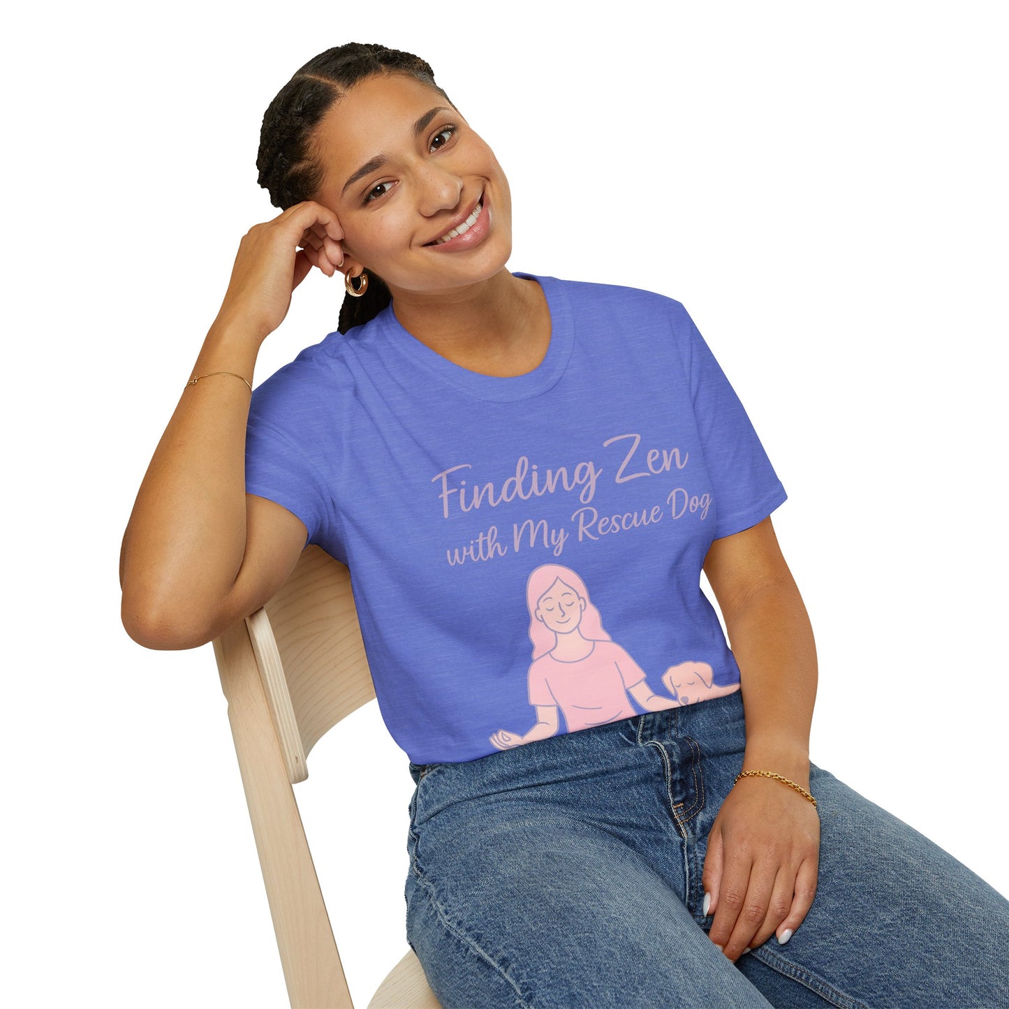 Finding Zen with My Rescue Dog – Calm Dog Mom Shirt in Blush Pink Lettering | Mental Health Rescue Tee, Adult Unisex T-Shirt