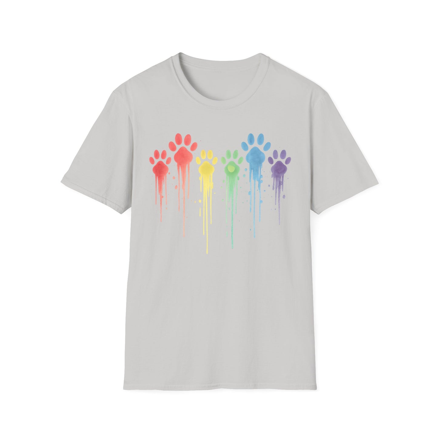 Rainbow Paw Print Drip Shirt | Colorful Rescue Dog Pride Tee | Animal Lover Watercolor Pet Shirt | Unisex Gildan 64000 T-Shirt | Adopt Don't Shop, Adult Unisex T-Shirt