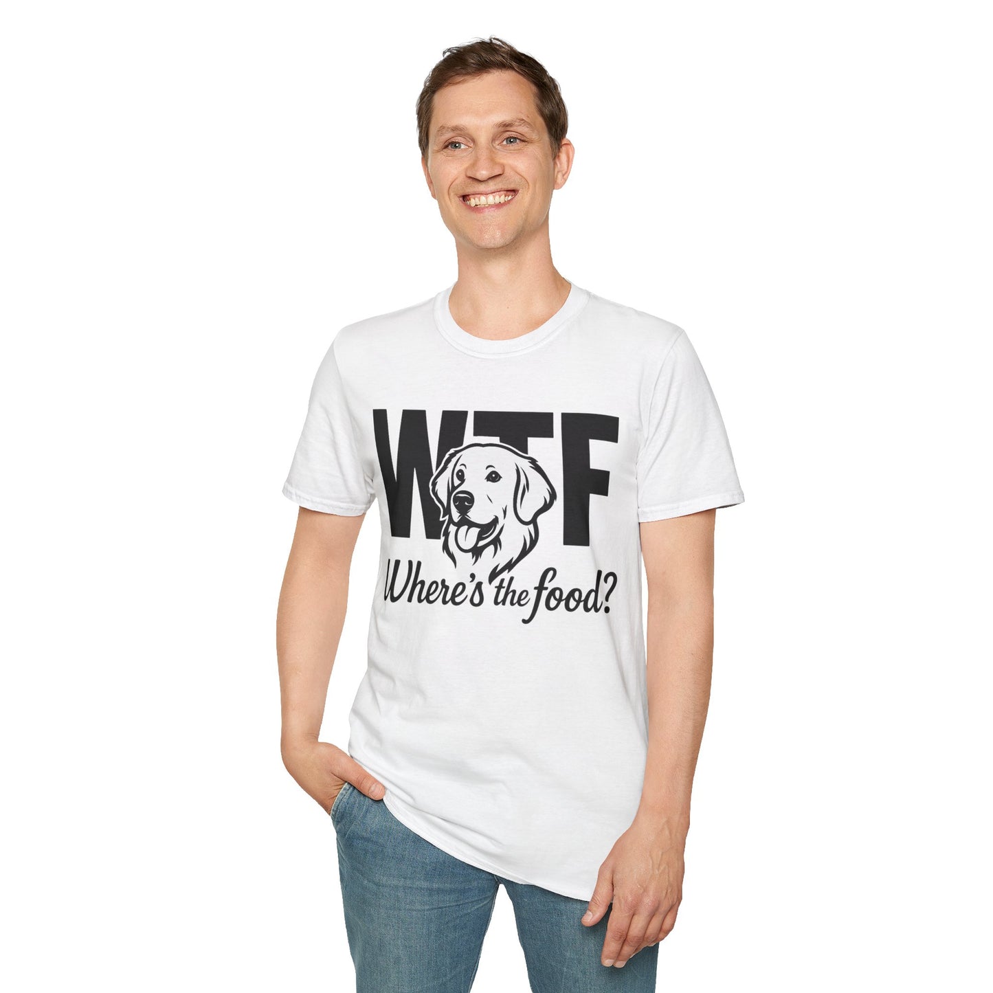 WTF Where’s The Food Funny Dog T-Shirt – Golden Retriever Design for Dog Lovers, Light Color Tee for Pet Owners, Animal Rescue Humor Gift, Adult Unisex T-Shirt