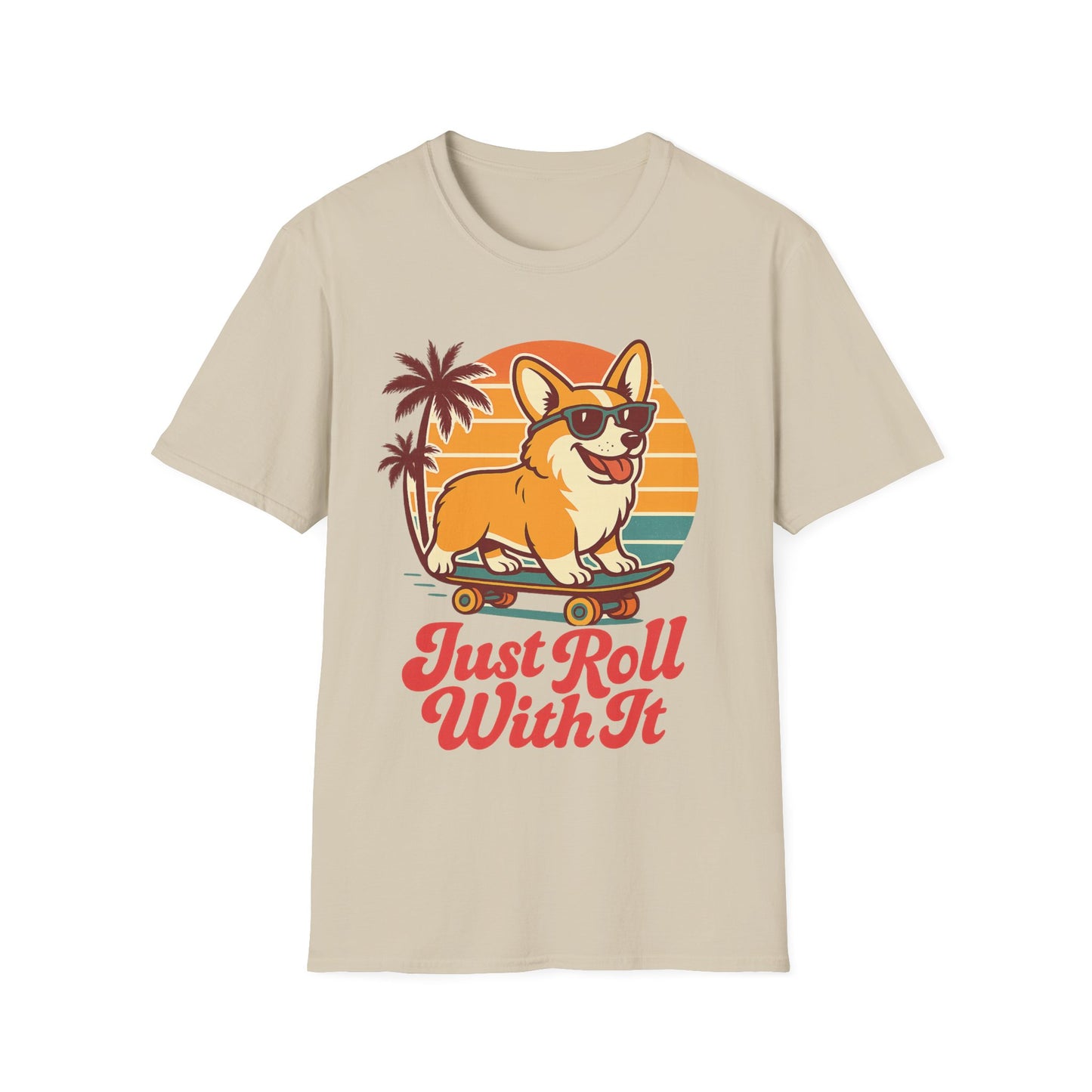 Funny Corgi Skateboard T-Shirt – Just Roll With It Retro Dog Tee | Summer Beach Dog Shirt for Pet Lovers, Adult Unisex T-Shirt