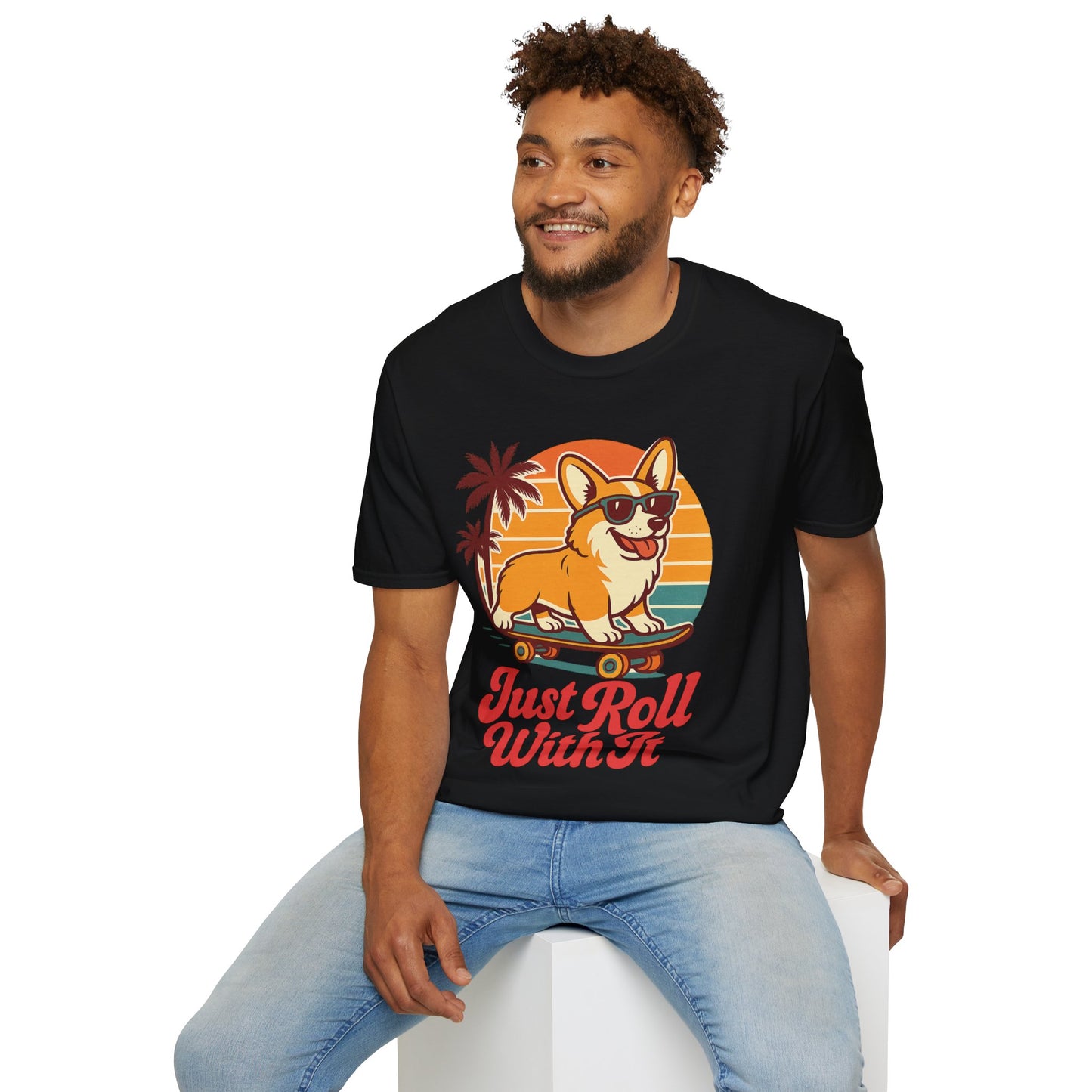 Funny Corgi Skateboard T-Shirt – Just Roll With It Retro Dog Tee | Summer Beach Dog Shirt for Pet Lovers, Adult Unisex T-Shirt