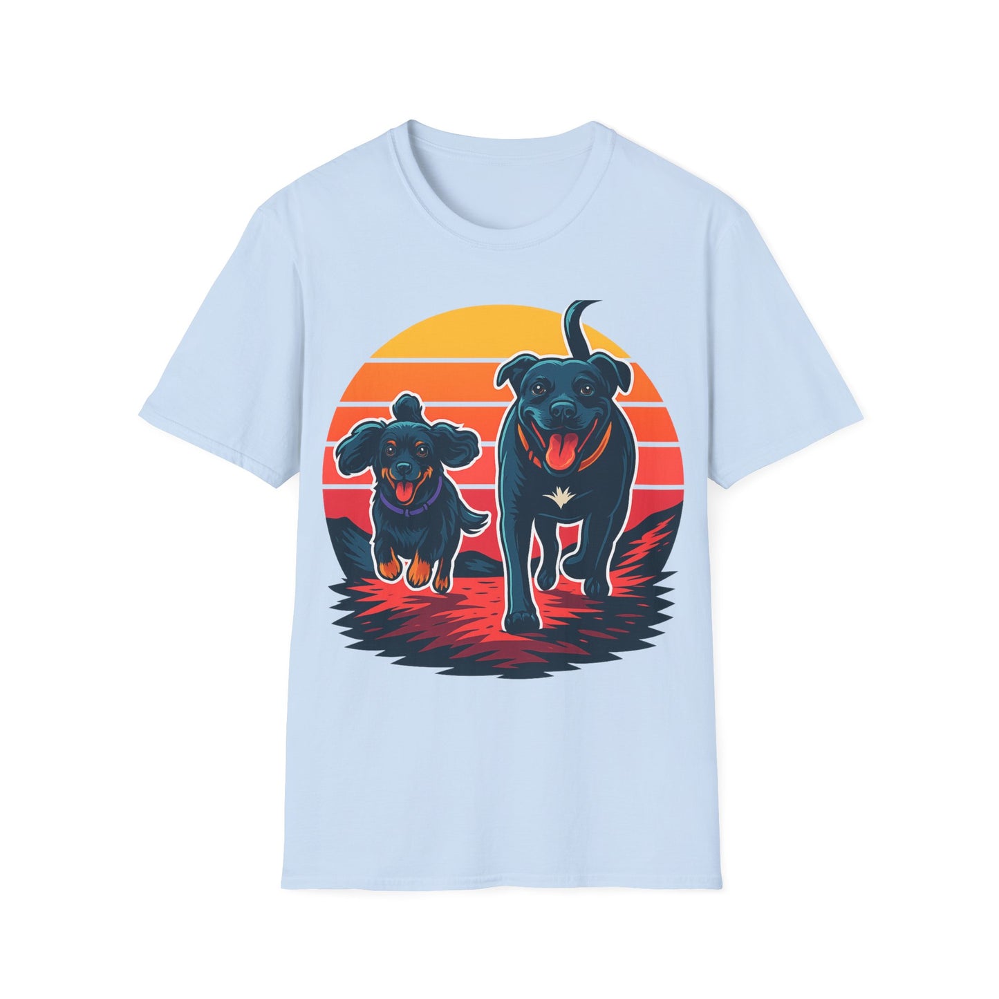 Retro Sunset Dog Shirt | Running Rescue Dog Graphic Tee for Animal Lovers, Teens & Friends | Vibrant Pet Memorial Gift, Adult Unisex T-Shirt