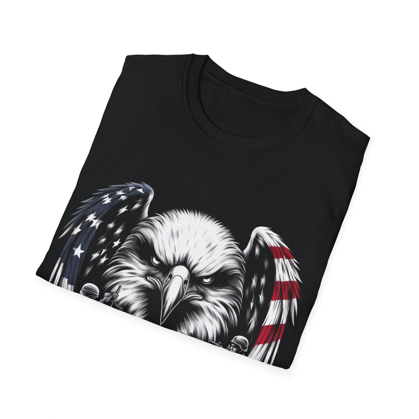 Faith and Freedom Eagle T-Shirt – 4th of July Patriotic Christian Tee – American Flag Wings, Battle Cross, Soldiers in Prayer – Adopted and Adored Apparel, Adult Unisex T-Shirt