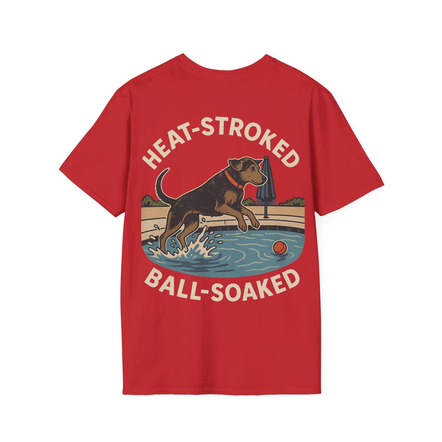 Heat-Stroked Ball-Soaked Dog T-Shirt – Funny Rescue Pool Dog Summer Shirt with Front & Back Print, Adult Unisex T-Shirt