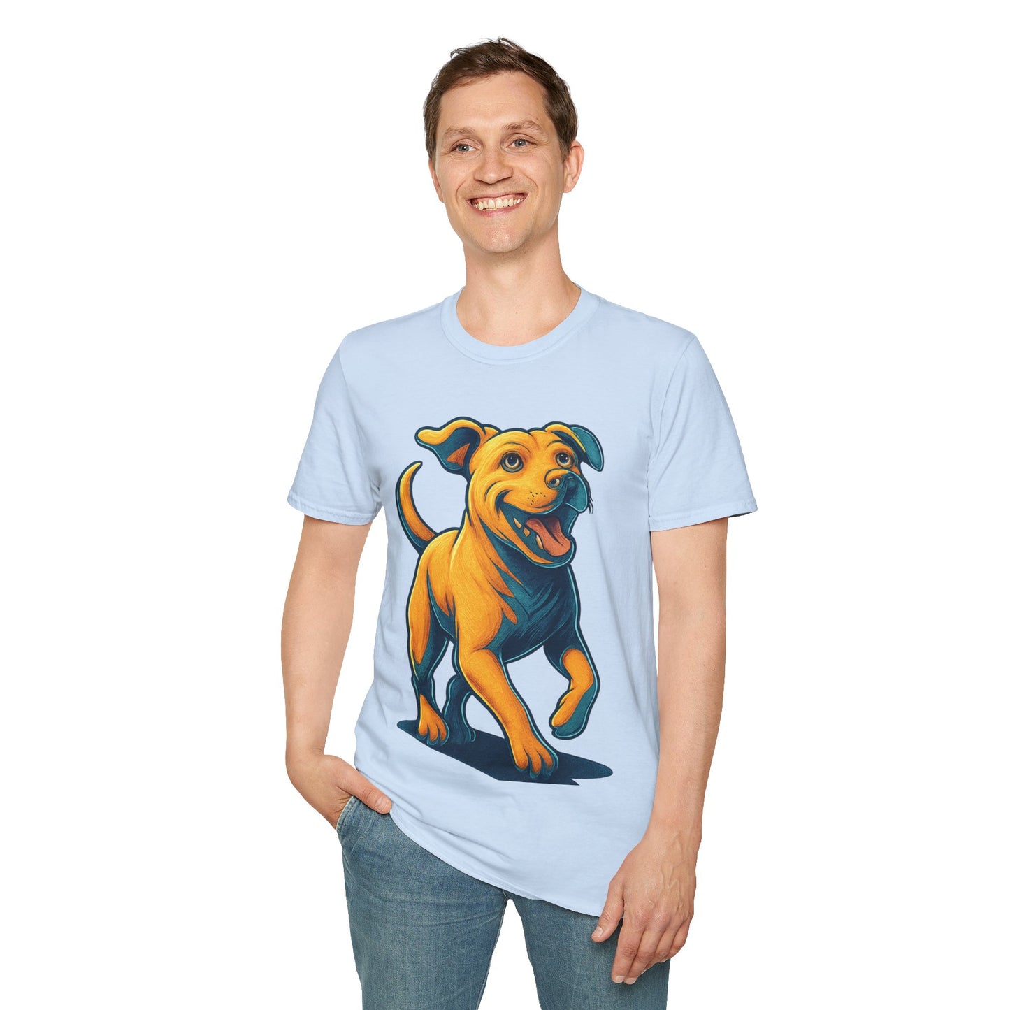 3D Pop Art Dog Shirt | Bold Jumping Dog Graphic Tee for Rescue Lovers & Pet Fans | Vibrant One-Sided Design, Adult Unisex T-Shirt