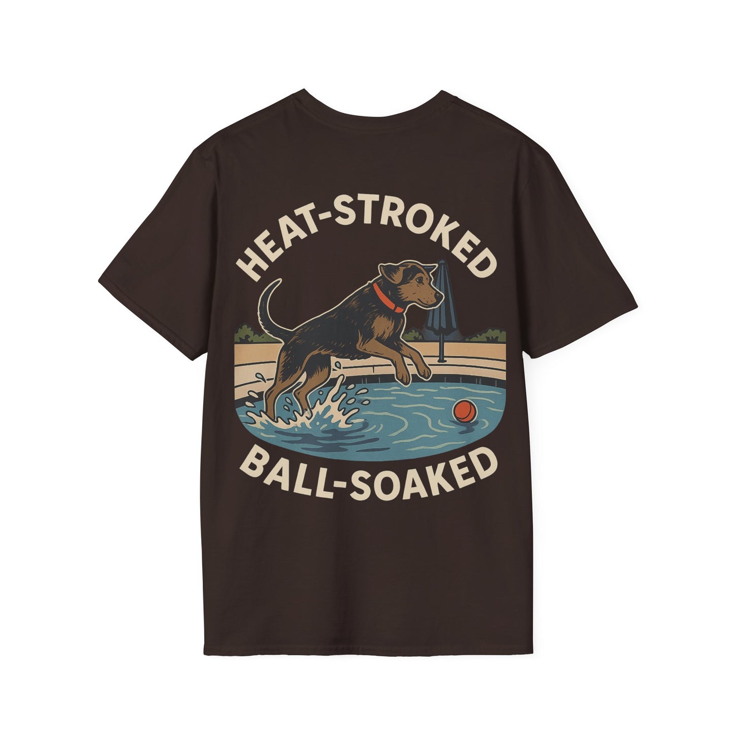 Heat-Stroked Ball-Soaked Dog T-Shirt – Funny Rescue Pool Dog Summer Shirt with Front & Back Print, Adult Unisex T-Shirt