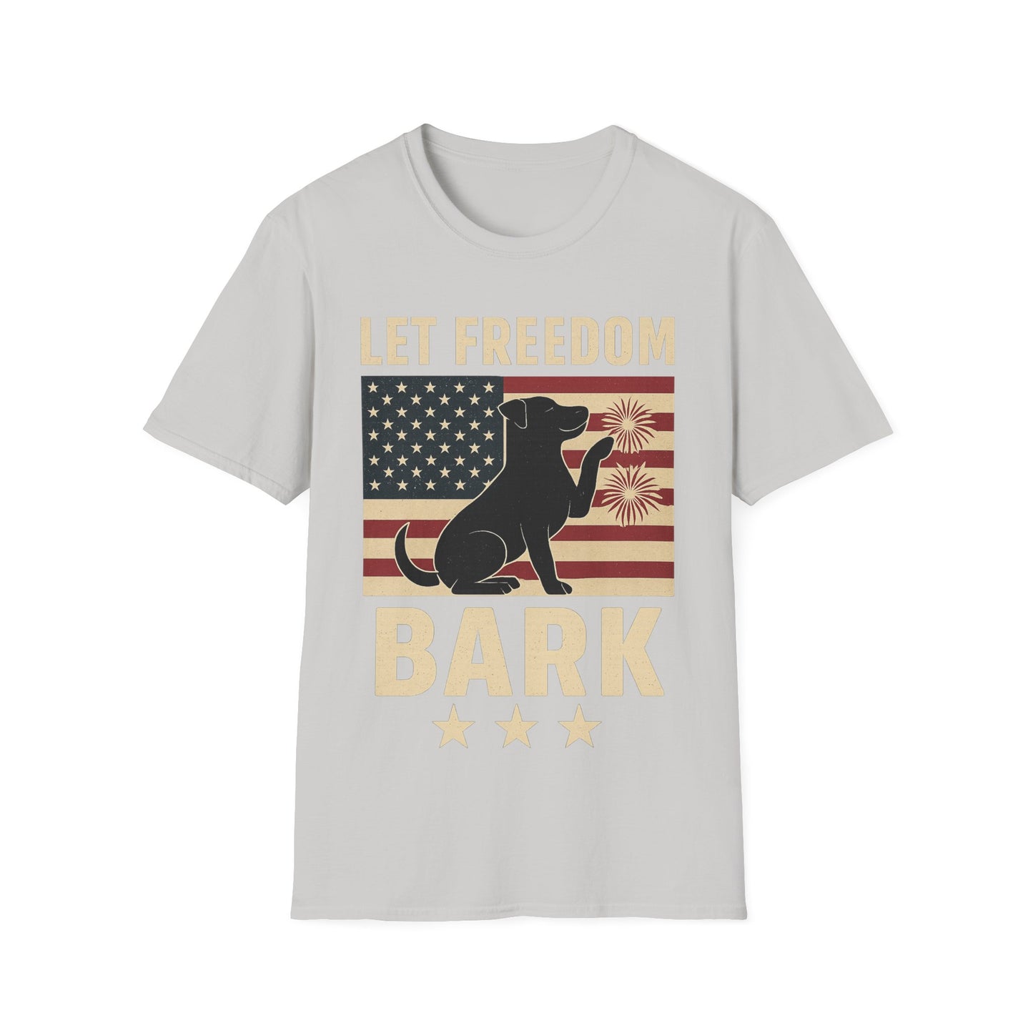 Let Freedom Bark Patriotic Dog T-Shirt | Fourth of July Rescue Tee | USA Flag Fireworks Dog Lover T-Shirt | Animal Adoption Apparel | Independence Day Dog Shirt | Gildan 64000 Unisex Soft Cotton T-Shirt for Pet Parents, Adult Unisex T-Shirt