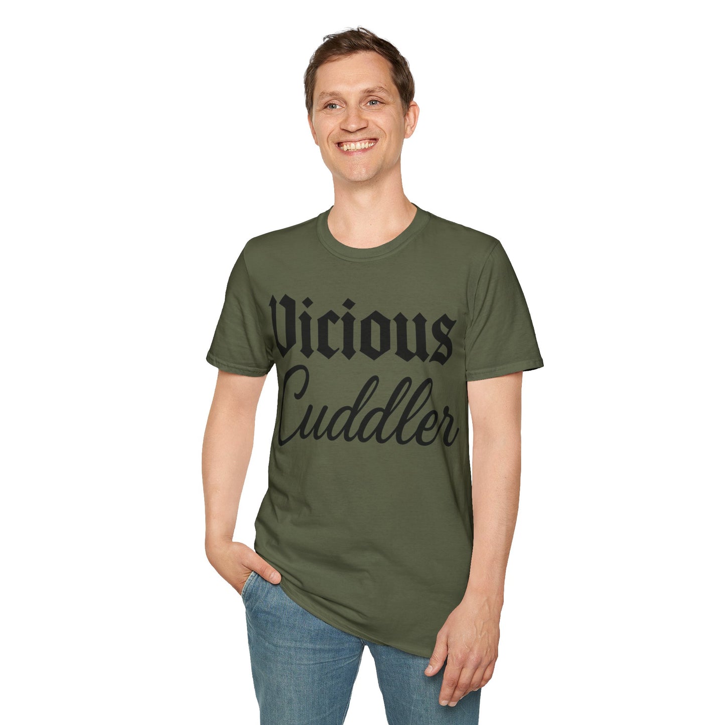 Vicious Cuddler T-Shirt – Gothic Blackletter x Script Font | Funny Pit Bull Rescue Tee for Dog Lovers, Adult Unisex T-Shirt