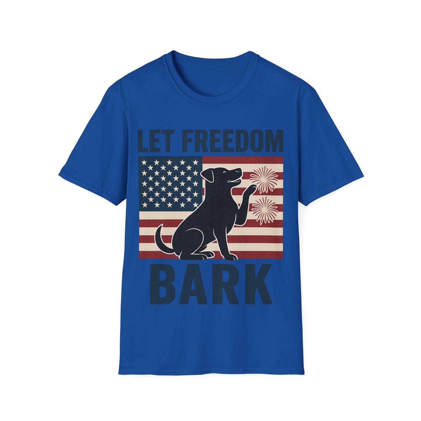 Let Freedom Bark Patriotic Dog T-Shirt | Fourth of July Rescue Tee | USA Flag Fireworks Dog Lover T-Shirt | Animal Adoption Apparel | Independence Day Dog Shirt | Gildan 64000 Unisex Soft Cotton T-Shirt for Pet Parents, Adult Unisex T-Shirt