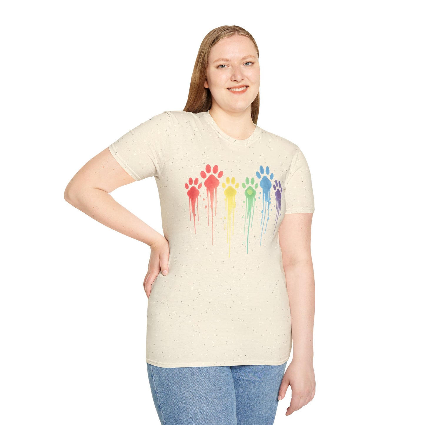 Rainbow Paw Print Drip Shirt | Colorful Rescue Dog Pride Tee | Animal Lover Watercolor Pet Shirt | Unisex Gildan 64000 T-Shirt | Adopt Don't Shop, Adult Unisex T-Shirt