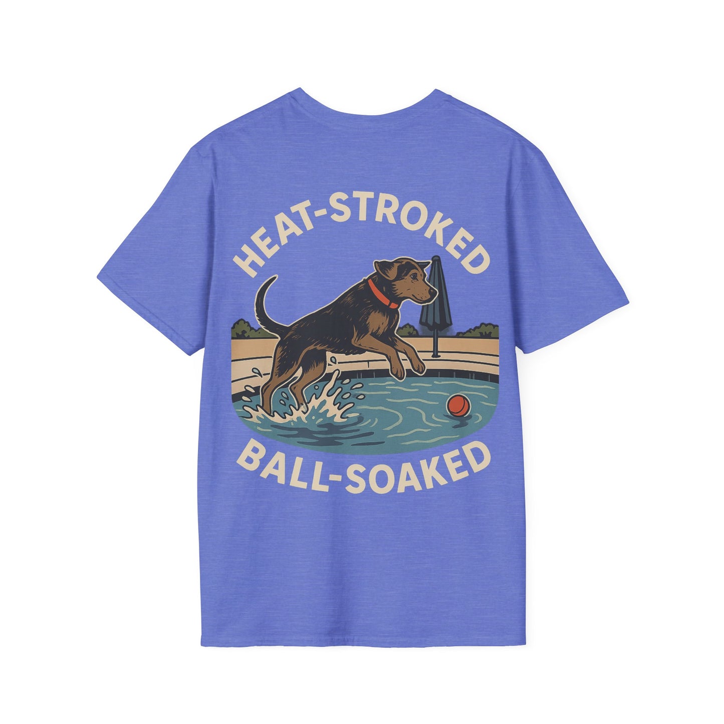 Heat-Stroked Ball-Soaked Dog T-Shirt – Funny Rescue Pool Dog Summer Shirt with Front & Back Print, Adult Unisex T-Shirt