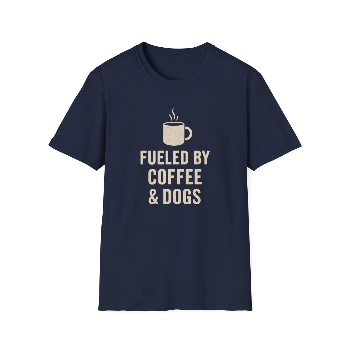 Fueled by Coffee and Dogs T-Shirt – Distressed Cream Graphic Tee for Dog Lovers, Charcoal Heather Unisex Fit adult