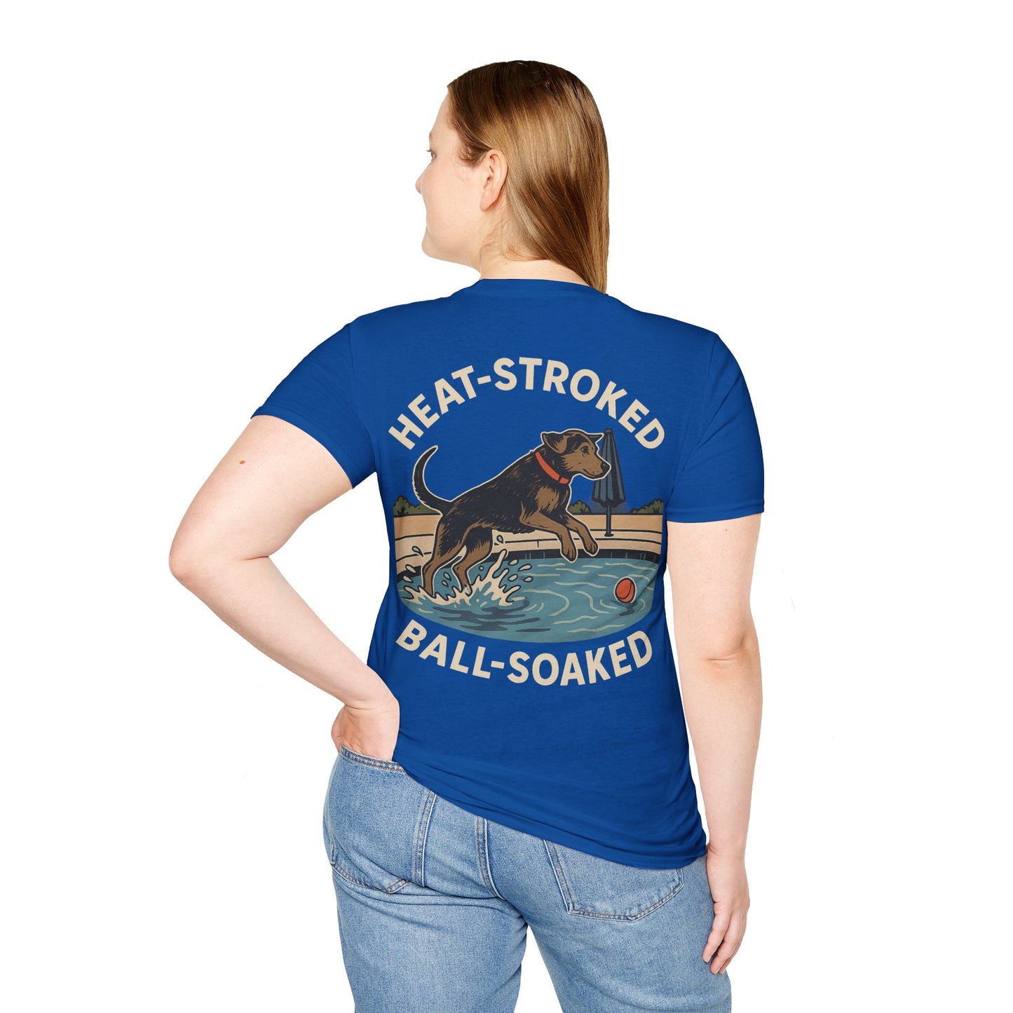 Heat-Stroked Ball-Soaked Dog T-Shirt – Funny Rescue Pool Dog Summer Shirt with Front & Back Print, Adult Unisex T-Shirt