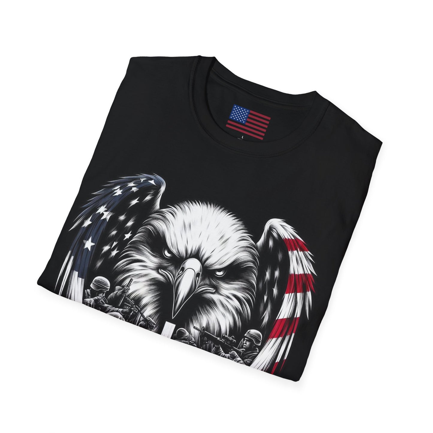Faith and Freedom Eagle Cross T-Shirt – Front and Back USA Flag Pitty on back - American Flag Wings, Soldier Prayer Graphic, Patriotic Christian Memorial Shirt adult unisex