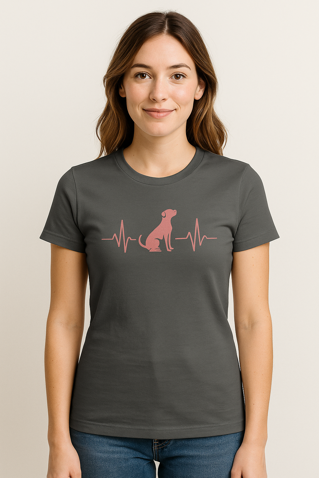 Heartbeat Dog Shirt for Women – Dusty Rose EKG Line Art Tee – Pit Bull Silhouette Rescue Dog Shirt – Bella + Canvas 6004 Feminine Fit – Animal Lover Gift – Adopt Don’t Shop, Adult Women's T-Shirt