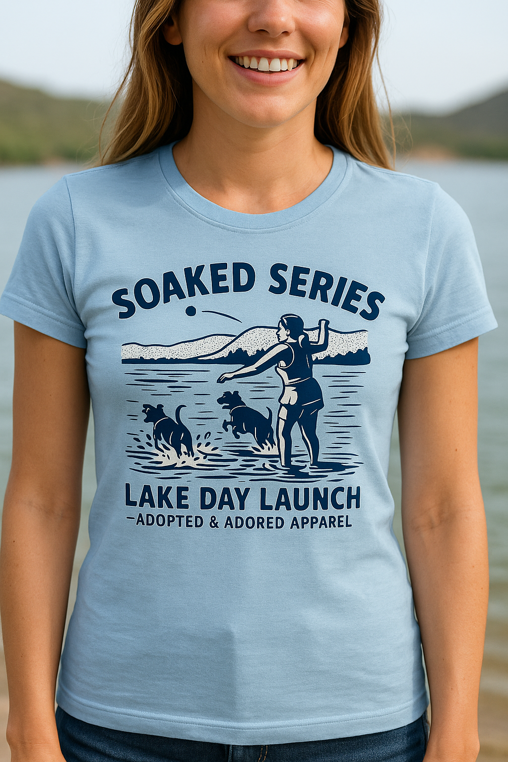 Lake Day Dog T-Shirt – Soaked Series Lake Day Launch – Women’s Rescue Dog Tee for Summer Adventures – Aqua Lake Shirt for Dog Moms – Adopted & Adored Apparel, Adult Unisex T-Shirt