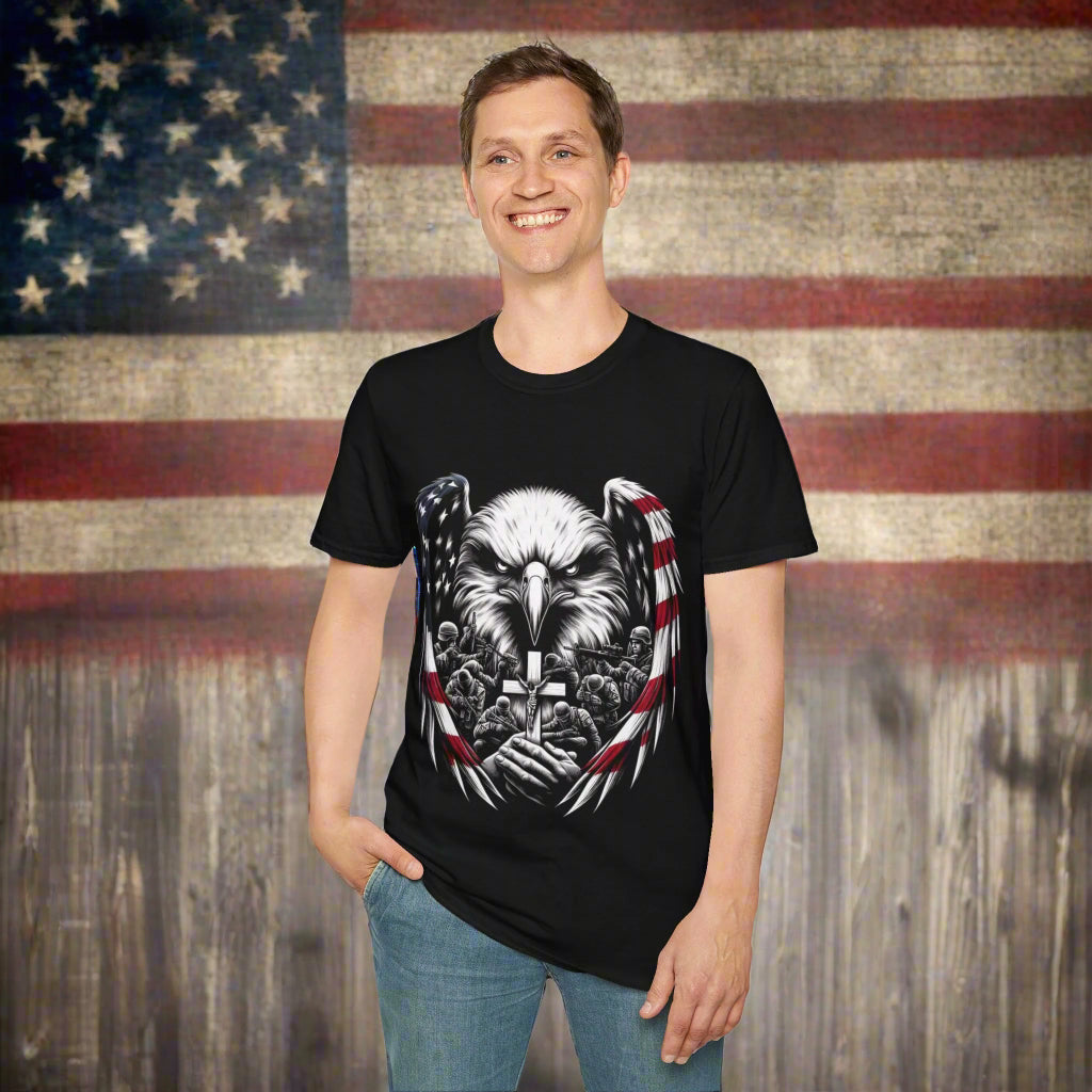 Faith and Freedom patriotic eagle t-shirt with American flag wings, cross, and soldiers in prayer – 4th of July Christian graphic tee by Adopted and Adored Apparel