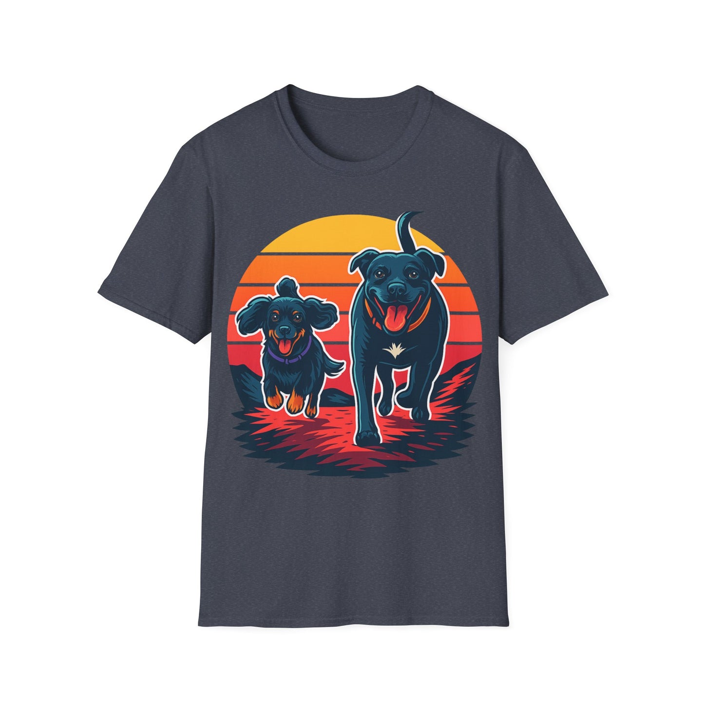 Retro Sunset Dog Shirt | Running Rescue Dog Graphic Tee for Animal Lovers, Teens & Friends | Vibrant Pet Memorial Gift, Adult Unisex T-Shirt