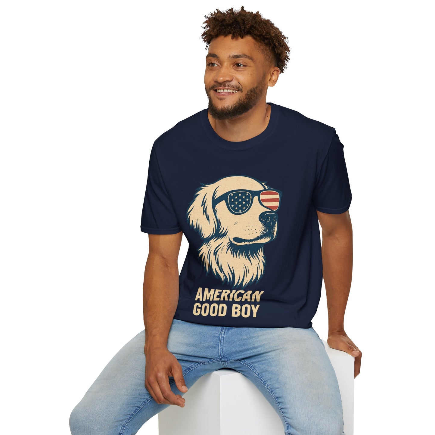 American Good Boy Golden Retriever T-Shirt – Patriotic Dog Wearing Flag Glasses – Funny 4th of July Graphic Tee for Men & Women, Adult Unisex T-Shirt