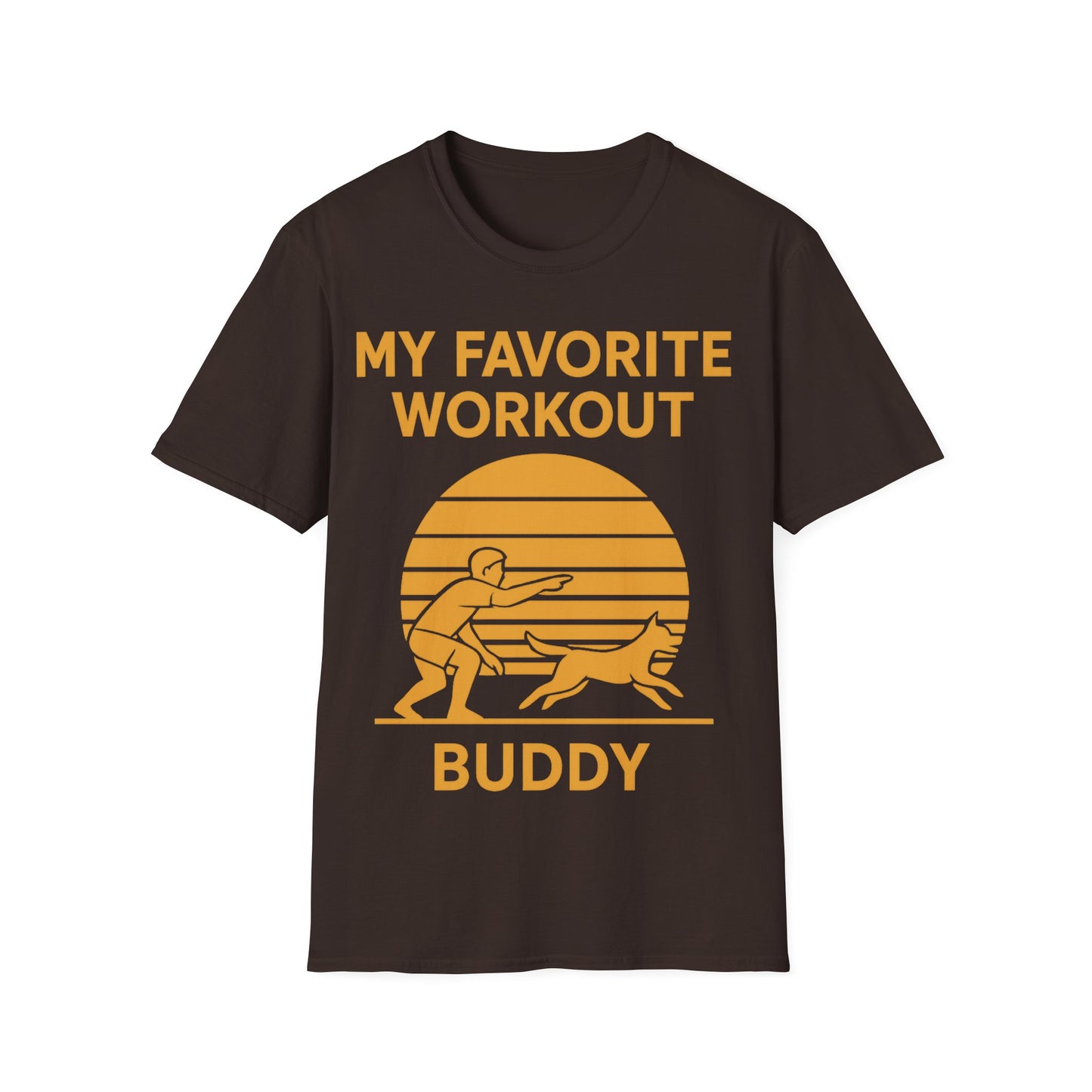 My Favorite Workout Buddy T-Shirt – Dog Lover Gift Tee – Sunset Gold Line Art Design – Playing Fetch Graphic – Motivational Dog Shirt – Gildan 64000 Unisex, Adult Unisex T-Shirt