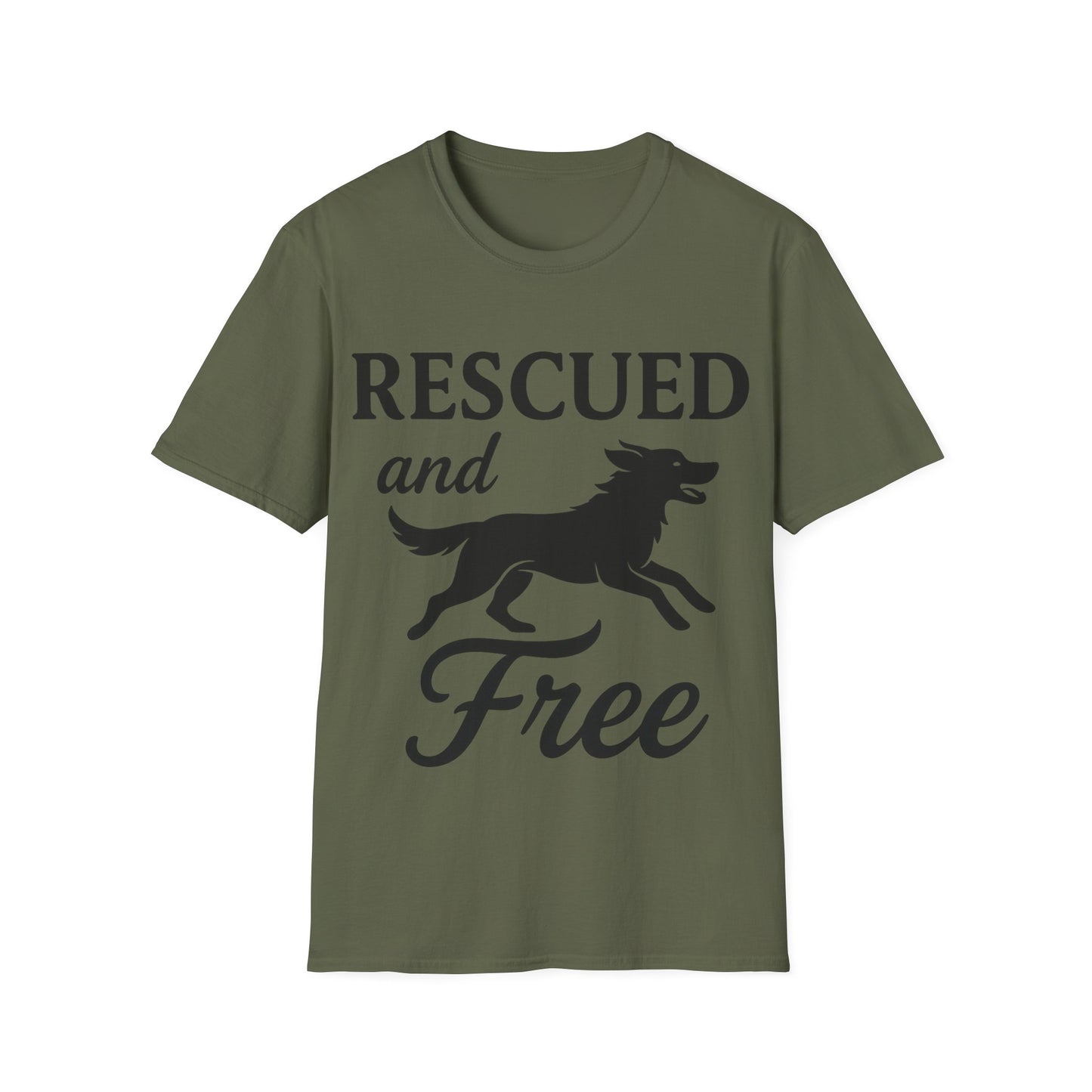Rescued and Free Shirt – Dog Rescue Tee with Running Silhouette – Adopt Don’t Shop T-Shirt – Multiple Color Options – Adopted and Adored Apparel, Adult Unisex T-Shirt
