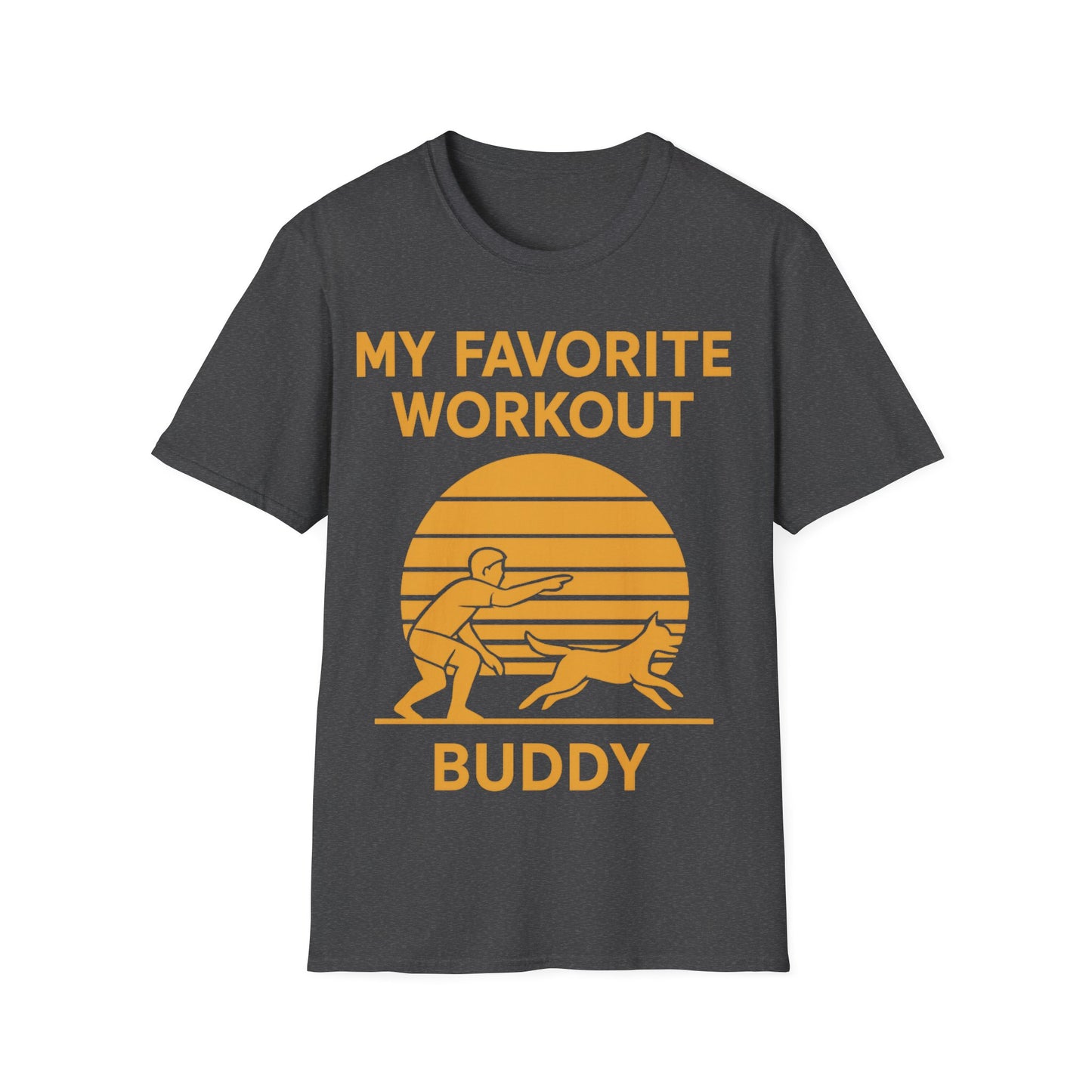 My Favorite Workout Buddy T-Shirt – Dog Lover Gift Tee – Sunset Gold Line Art Design – Playing Fetch Graphic – Motivational Dog Shirt – Gildan 64000 Unisex, Adult Unisex T-Shirt