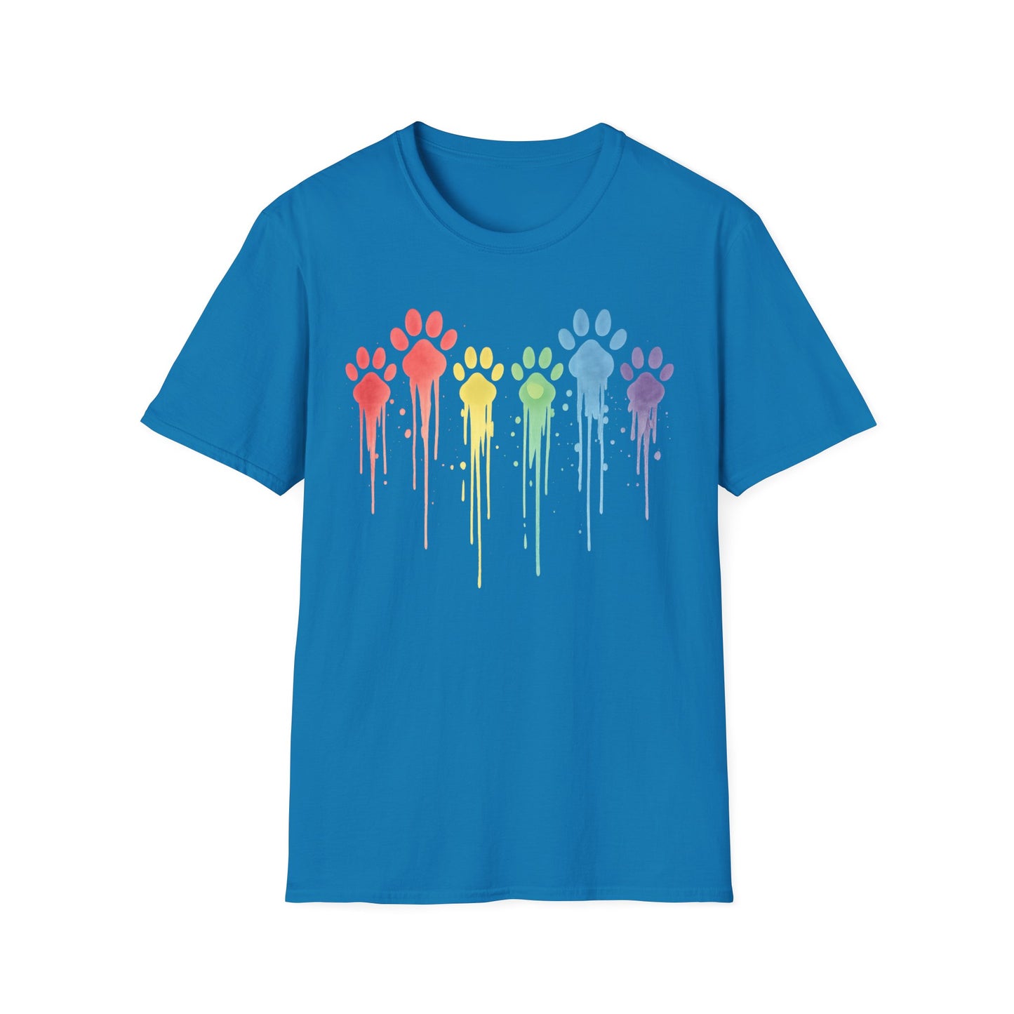 Rainbow Paw Print Drip Shirt | Colorful Rescue Dog Pride Tee | Animal Lover Watercolor Pet Shirt | Unisex Gildan 64000 T-Shirt | Adopt Don't Shop, Adult Unisex T-Shirt