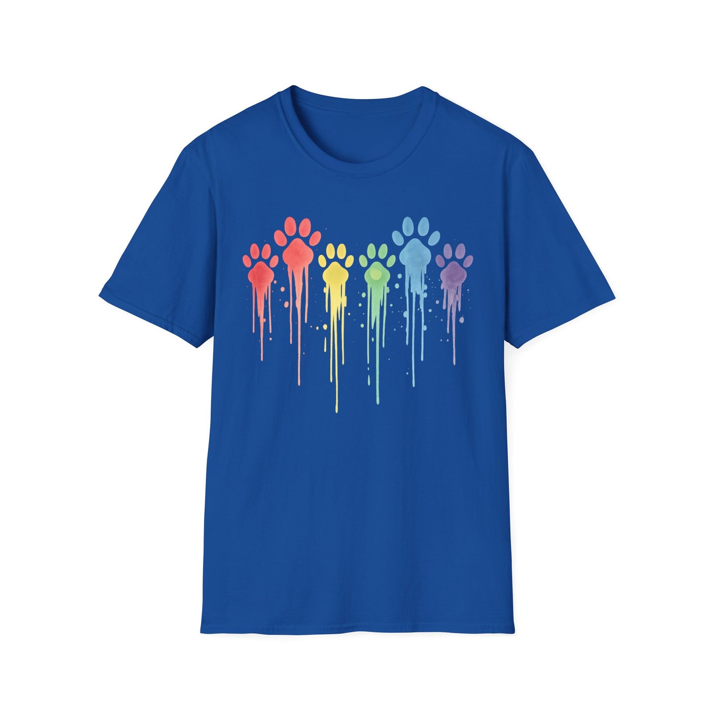 Rainbow Paw Print Drip Shirt | Colorful Rescue Dog Pride Tee | Animal Lover Watercolor Pet Shirt | Unisex Gildan 64000 T-Shirt | Adopt Don't Shop, Adult Unisex T-Shirt