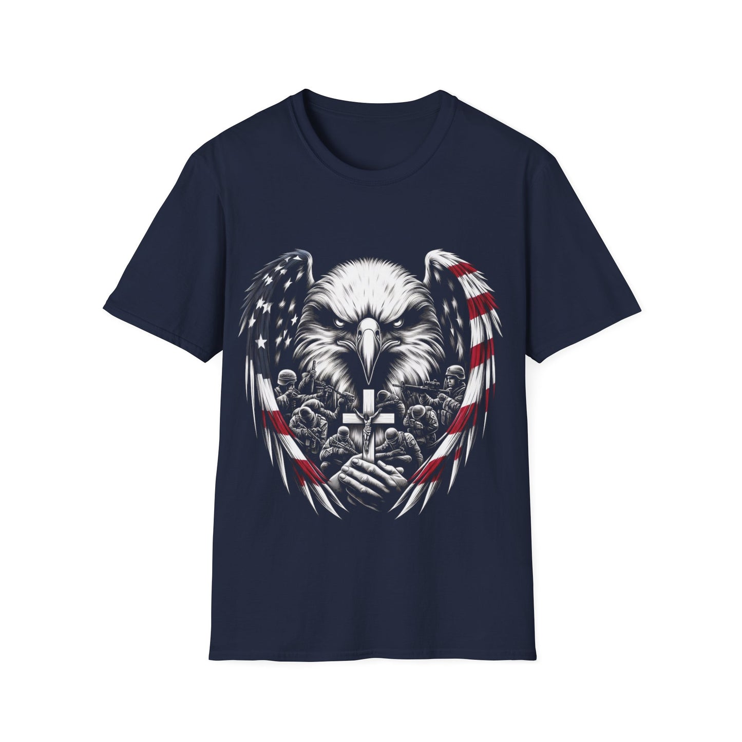 Faith and Freedom Eagle T-Shirt – 4th of July Patriotic Christian Tee – American Flag Wings, Battle Cross, Soldiers in Prayer – Adopted and Adored Apparel, Adult Unisex T-Shirt
