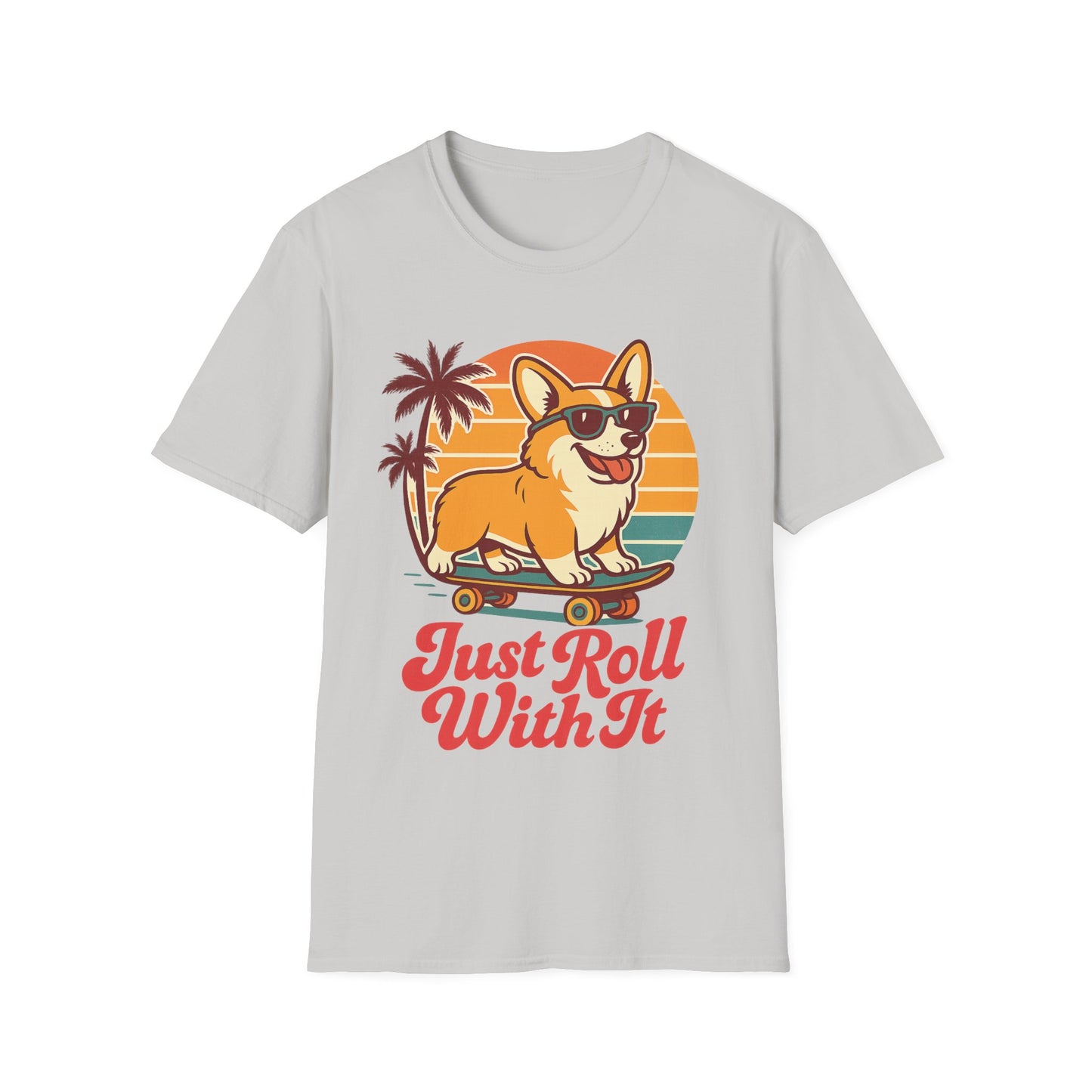 Funny Corgi Skateboard T-Shirt – Just Roll With It Retro Dog Tee | Summer Beach Dog Shirt for Pet Lovers, Adult Unisex T-Shirt