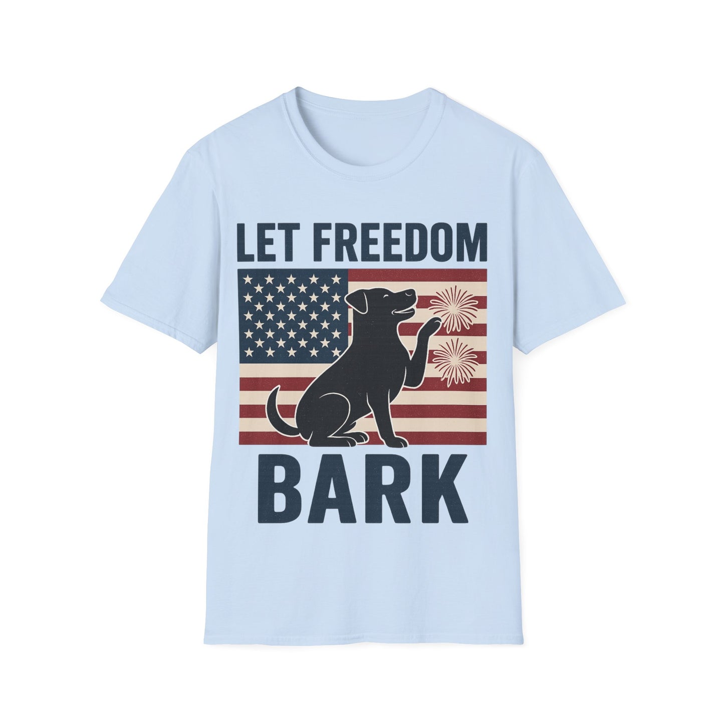 Let Freedom Bark Patriotic Dog T-Shirt | Fourth of July Rescue Tee | USA Flag Fireworks Dog Lover T-Shirt | Animal Adoption Apparel | Independence Day Dog Shirt | Gildan 64000 Unisex Soft Cotton T-Shirt for Pet Parents, Adult Unisex T-Shirt