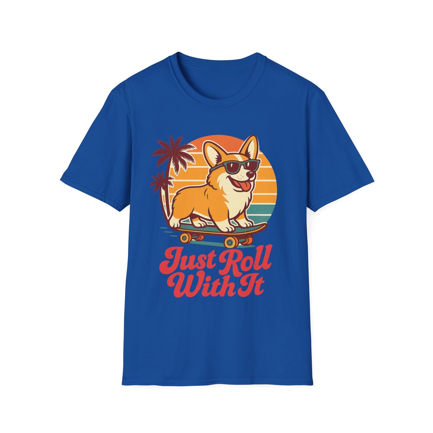 Funny Corgi Skateboard T-Shirt – Just Roll With It Retro Dog Tee | Summer Beach Dog Shirt for Pet Lovers, Adult Unisex T-Shirt