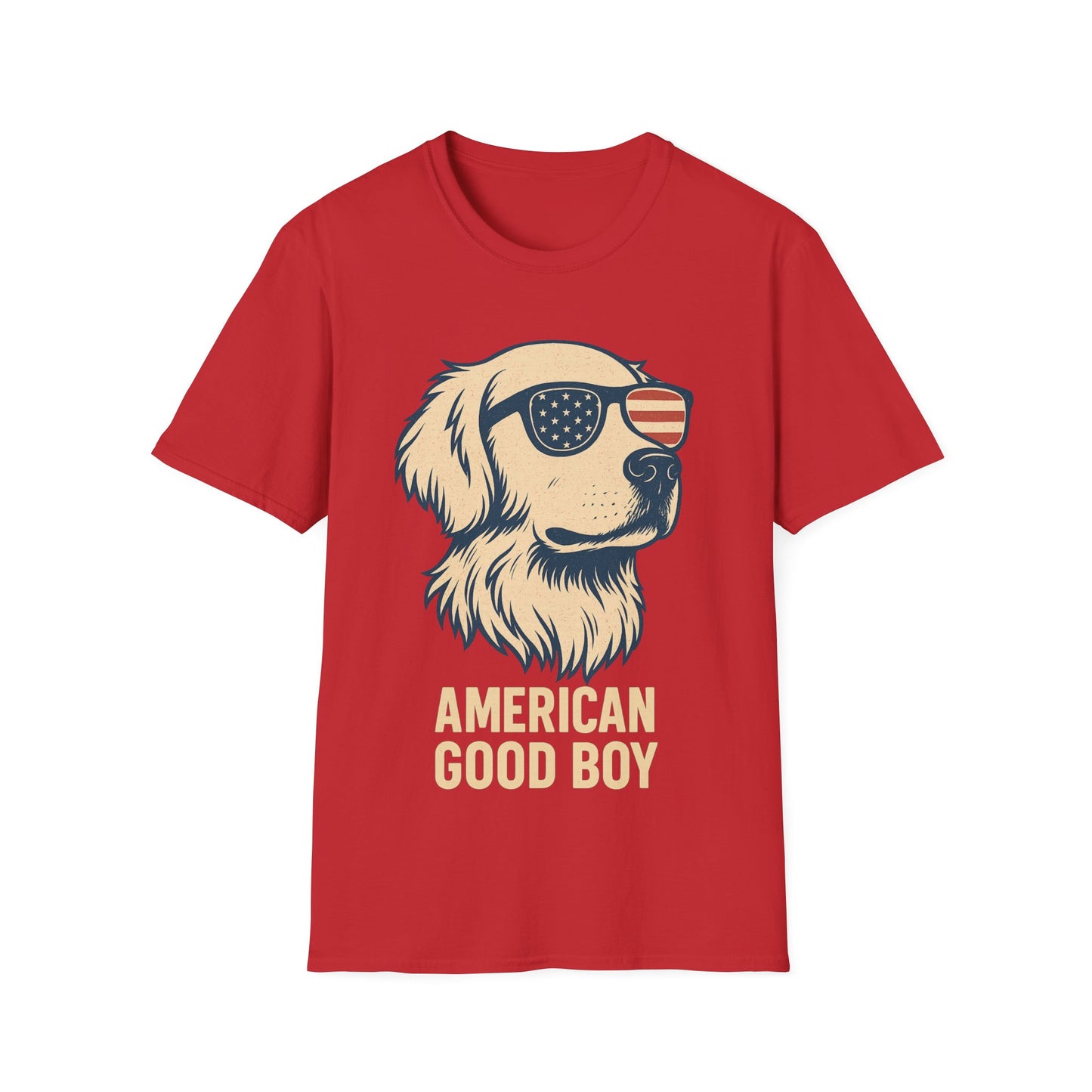 American Good Boy Golden Retriever T-Shirt – Patriotic Dog Wearing Flag Glasses – Funny 4th of July Graphic Tee for Men & Women, Adult Unisex T-Shirt