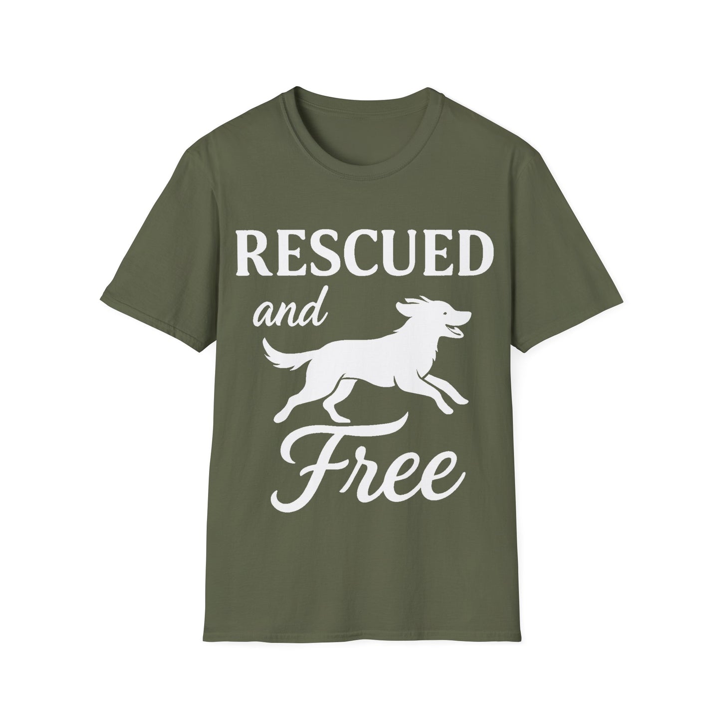 Rescued and Free Shirt – Dog Rescue Tee with Running Silhouette – Adopt Don’t Shop T-Shirt – Multiple Color Options – Adopted and Adored Apparel, Adult Unisex T-Shirt