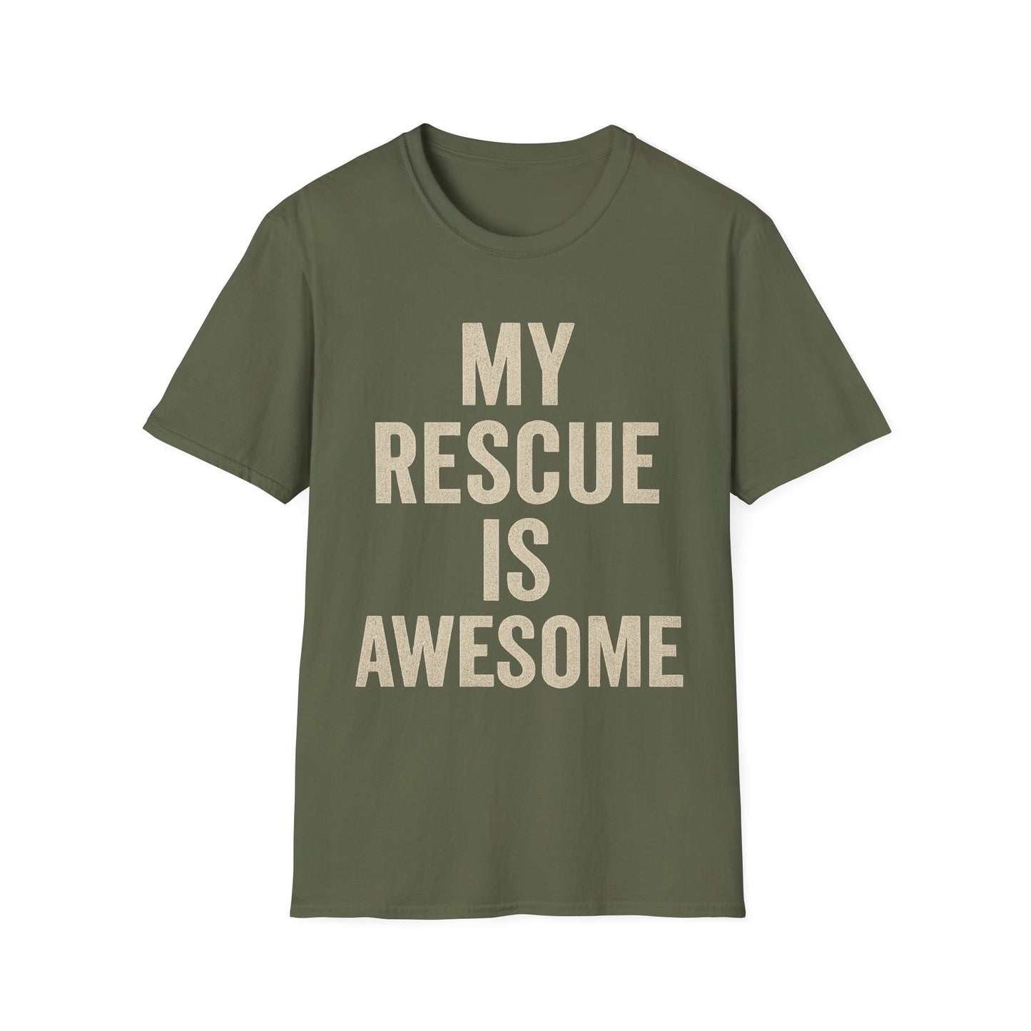 My Rescue Is Awesome T-Shirt – Minimal Distressed Dog Rescue Shirt in Cream Text on Dark Colors unisex adult