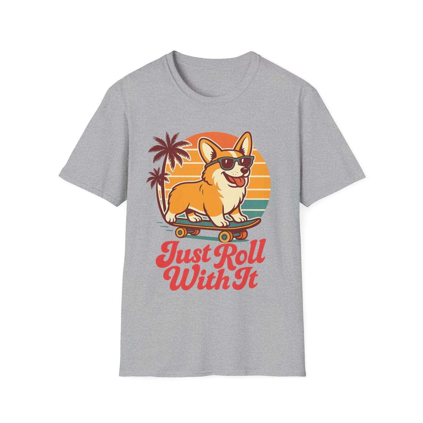 Funny Corgi Skateboard T-Shirt – Just Roll With It Retro Dog Tee | Summer Beach Dog Shirt for Pet Lovers, Adult Unisex T-Shirt