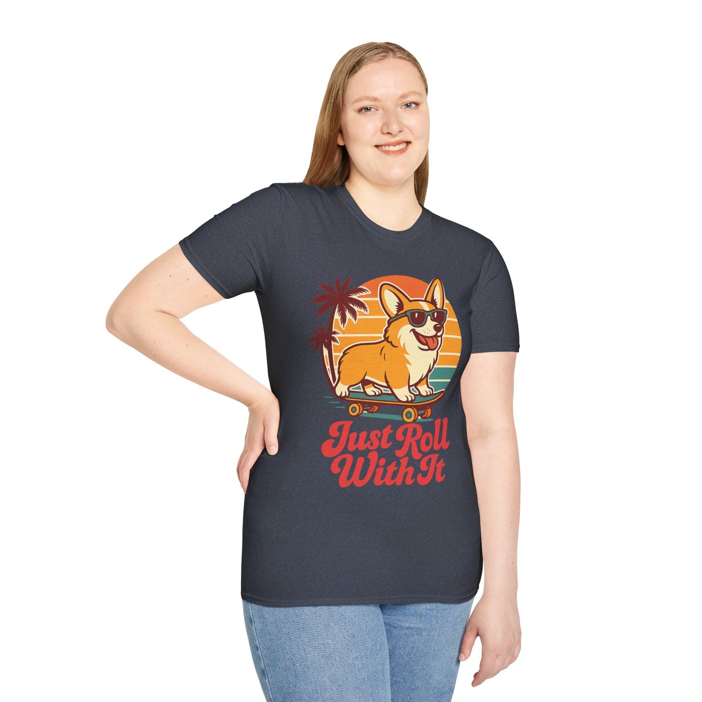 Funny Corgi Skateboard T-Shirt – Just Roll With It Retro Dog Tee | Summer Beach Dog Shirt for Pet Lovers, Adult Unisex T-Shirt
