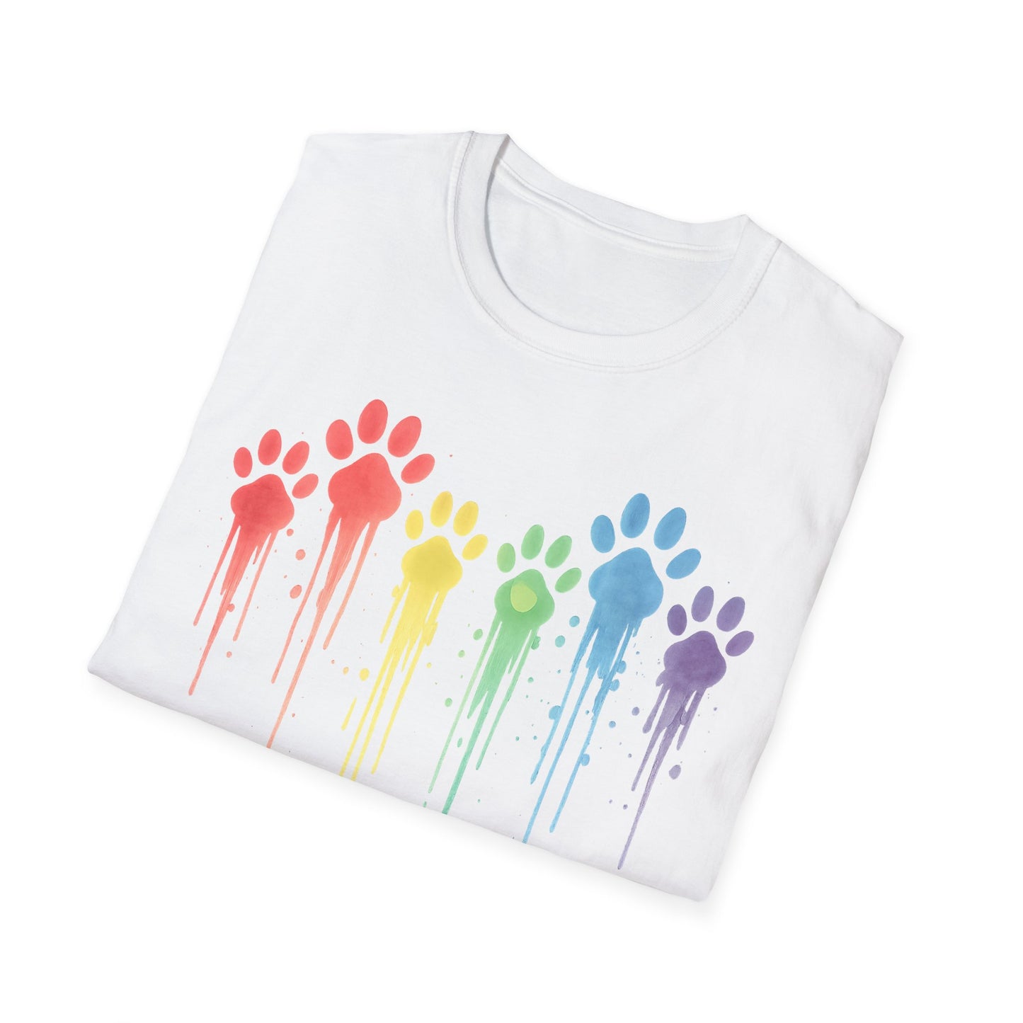 Rainbow Paw Print Drip Shirt | Colorful Rescue Dog Pride Tee | Animal Lover Watercolor Pet Shirt | Unisex Gildan 64000 T-Shirt | Adopt Don't Shop, Adult Unisex T-Shirt