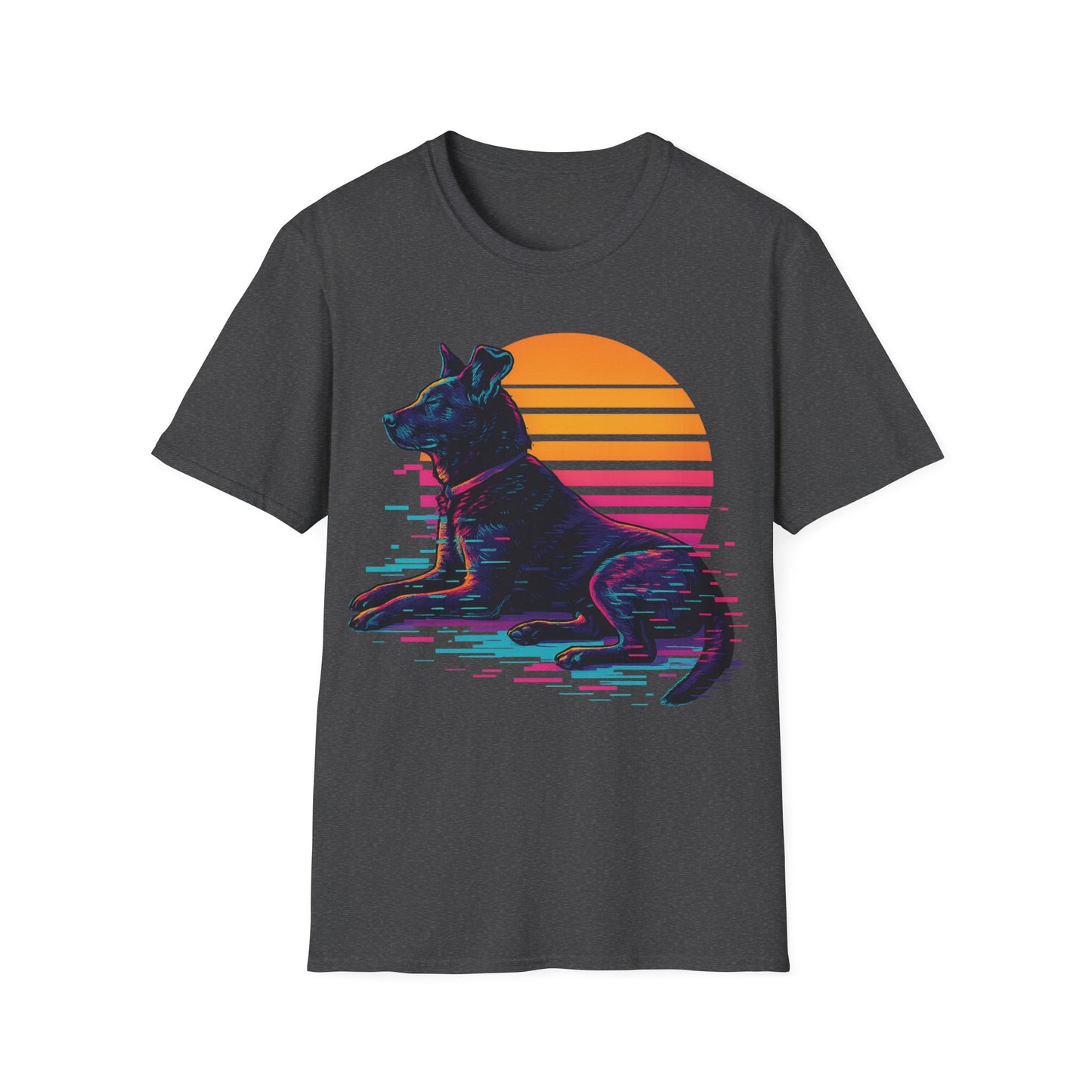 Glitch Art Rescue Dog Shirt | Retro Sunset Dog Graphic Tee for Teens & Animal Lovers | Bold Streetwear Style, Adult Unisex T-Shirt