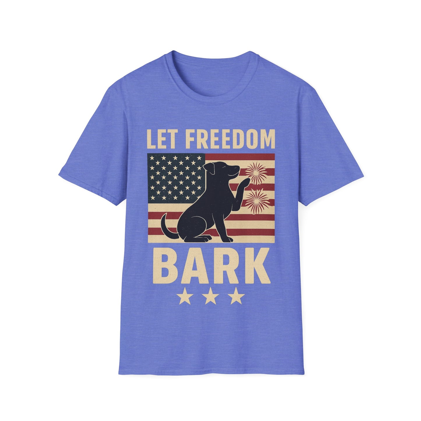 Let Freedom Bark Patriotic Dog T-Shirt | Fourth of July Rescue Tee | USA Flag Fireworks Dog Lover T-Shirt | Animal Adoption Apparel | Independence Day Dog Shirt | Gildan 64000 Unisex Soft Cotton T-Shirt for Pet Parents, Adult Unisex T-Shirt