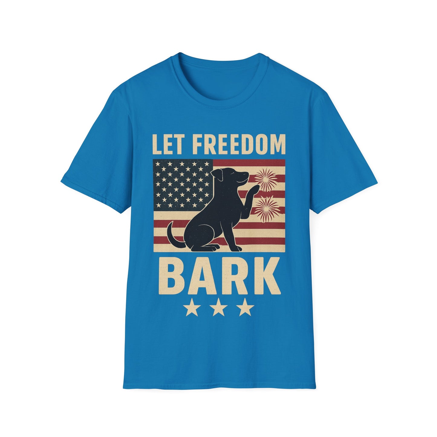 Let Freedom Bark Patriotic Dog T-Shirt | Fourth of July Rescue Tee | USA Flag Fireworks Dog Lover T-Shirt | Animal Adoption Apparel | Independence Day Dog Shirt | Gildan 64000 Unisex Soft Cotton T-Shirt for Pet Parents, Adult Unisex T-Shirt
