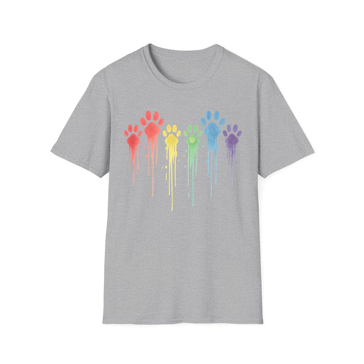 Rainbow Paw Print Drip Shirt | Colorful Rescue Dog Pride Tee | Animal Lover Watercolor Pet Shirt | Unisex Gildan 64000 T-Shirt | Adopt Don't Shop, Adult Unisex T-Shirt