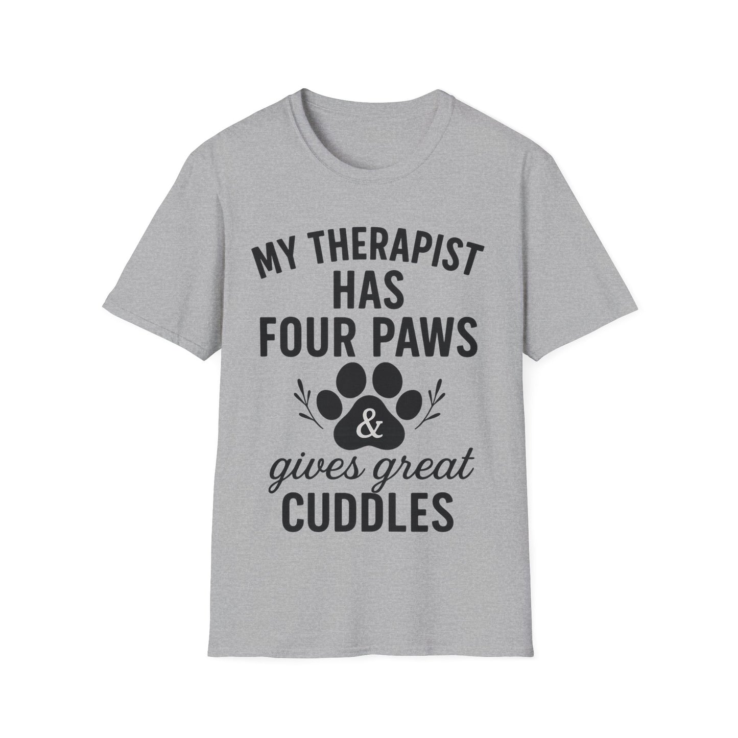 My Therapist Has Four Paws and Gives Great Cuddles – Rescue Dog Shirt with Bold Black Lettering, Adult Unisex T-Shirt