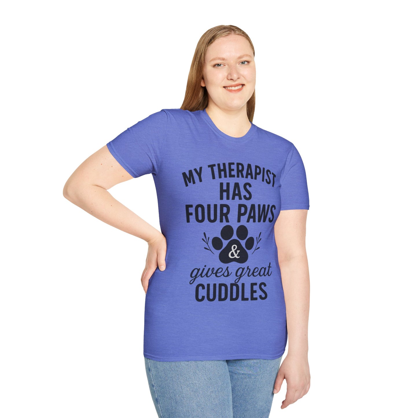 My Therapist Has Four Paws and Gives Great Cuddles – Rescue Dog Shirt with Bold Black Lettering, Adult Unisex T-Shirt